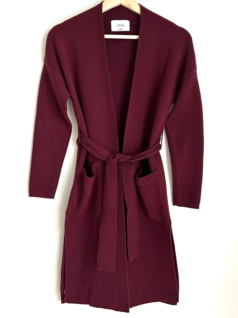 Wilfred Belize 100% Merino Wool Burgundy Longline Belted Knit Cardigan, Size 2XS